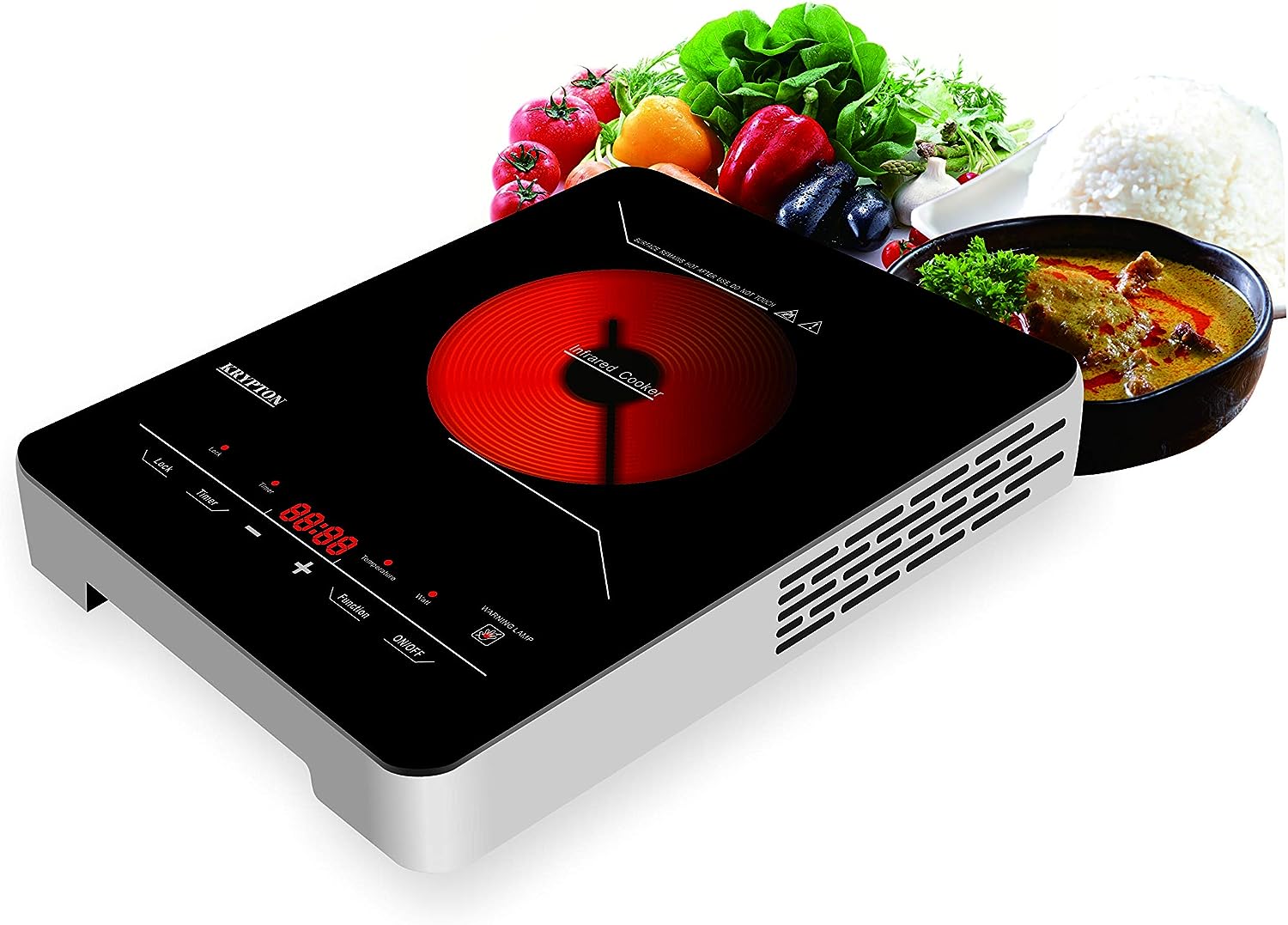 Krypton 2000W Glass Ceramic Infrared Electric Cooker with Digital LED Display, 8 Power Levels, Black and White, KNIC6150