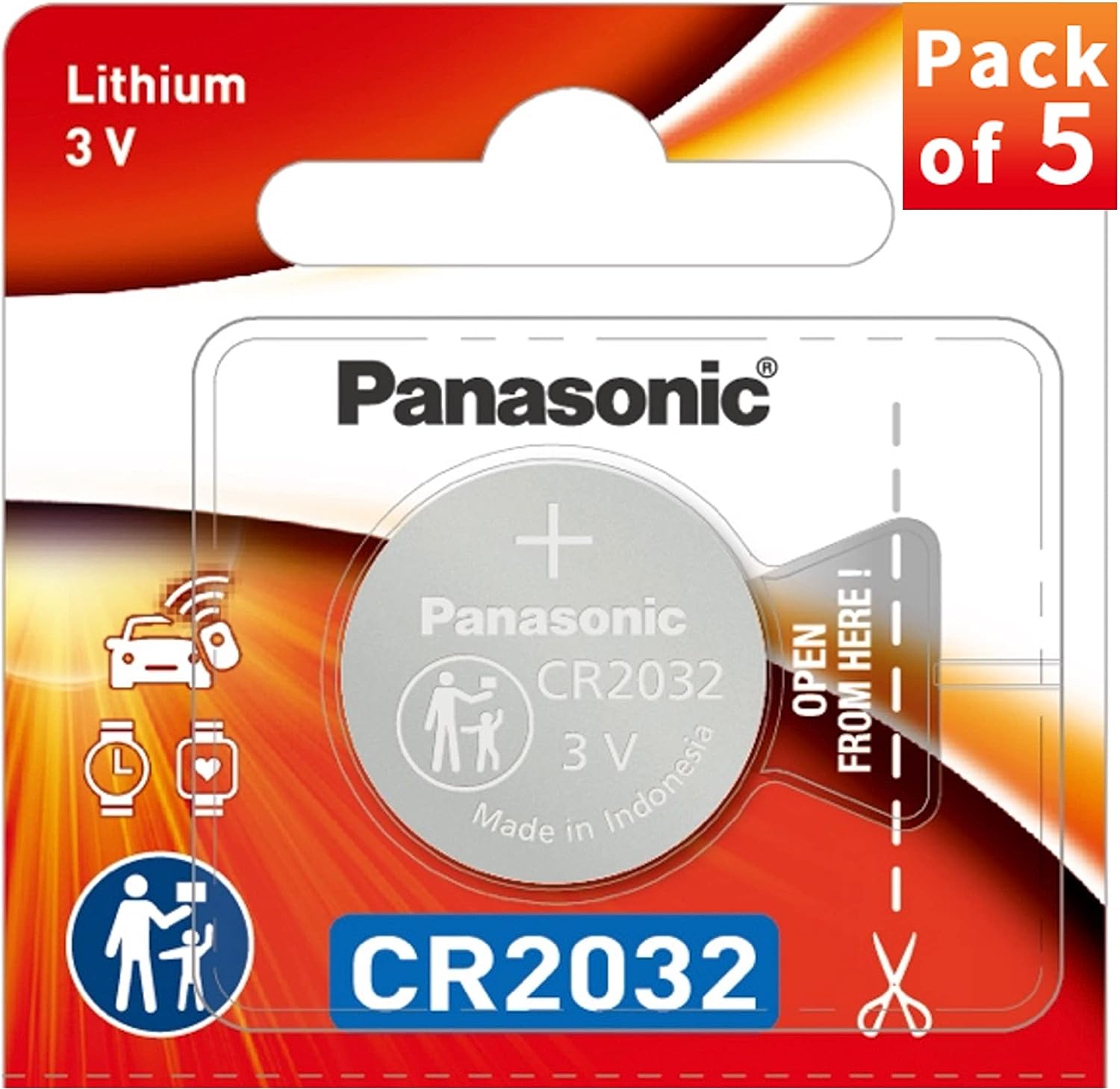Panasonic Lithium Batteries 3 Volt CR2032 - 5 Pieces