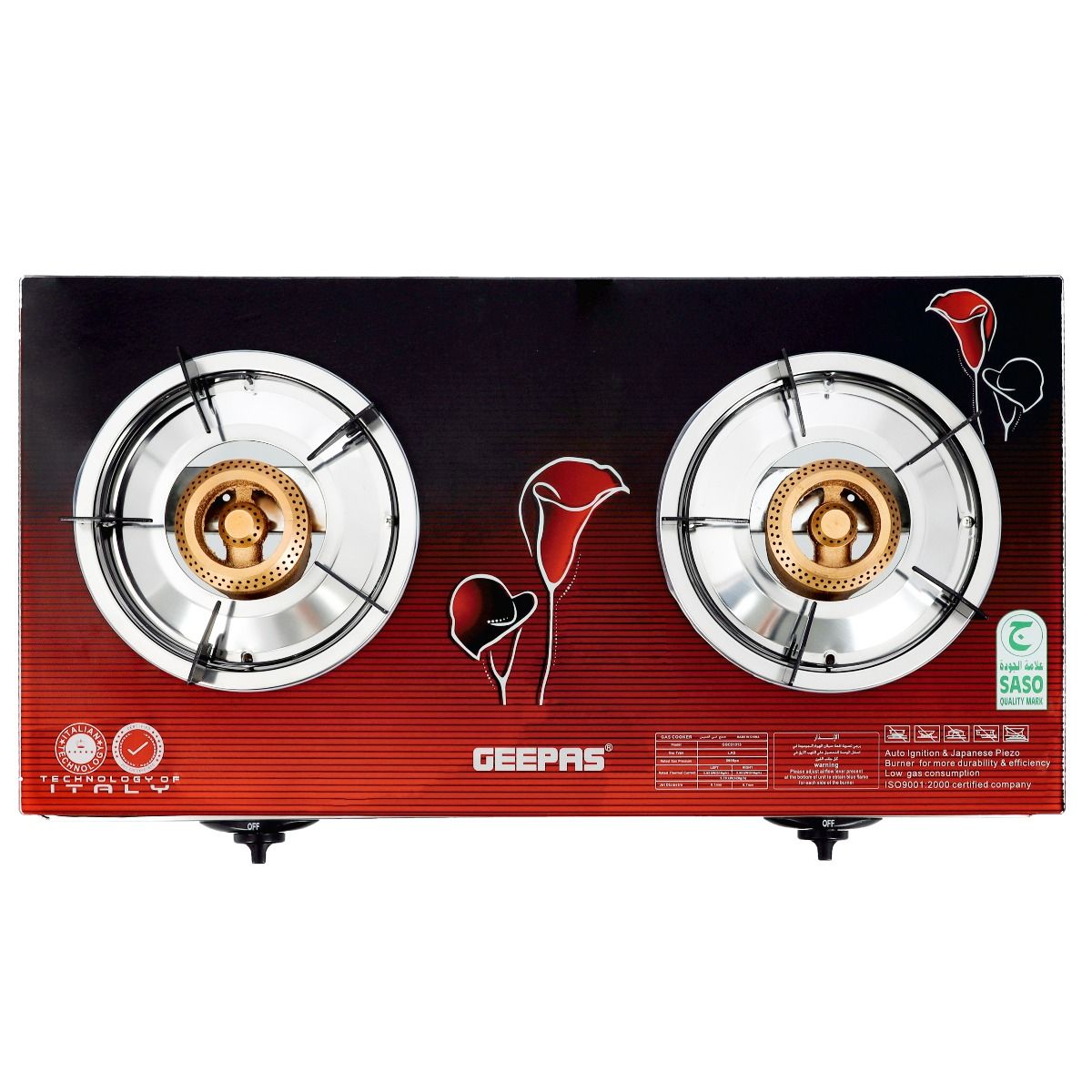 GAS COOKER, AUTO PIEZO IGNITION , GGC31013 | DOUBLE BURNER | SAVES 60% GAS | CAST IRON BURNERS | TEMPERED GLASS TOP | STAINLESS STEEL FRAME AND TRAY
