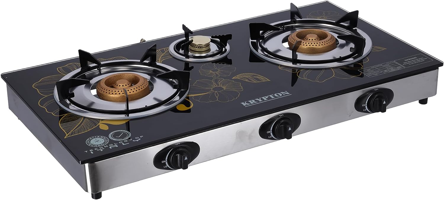 Krypton 3 Burner Gas Cooker, Tray, Stainless Steel Body, 7mm Tempered Glass, Flame Safety Function, Piezo Auto Ignition, Black, KNGC6060
