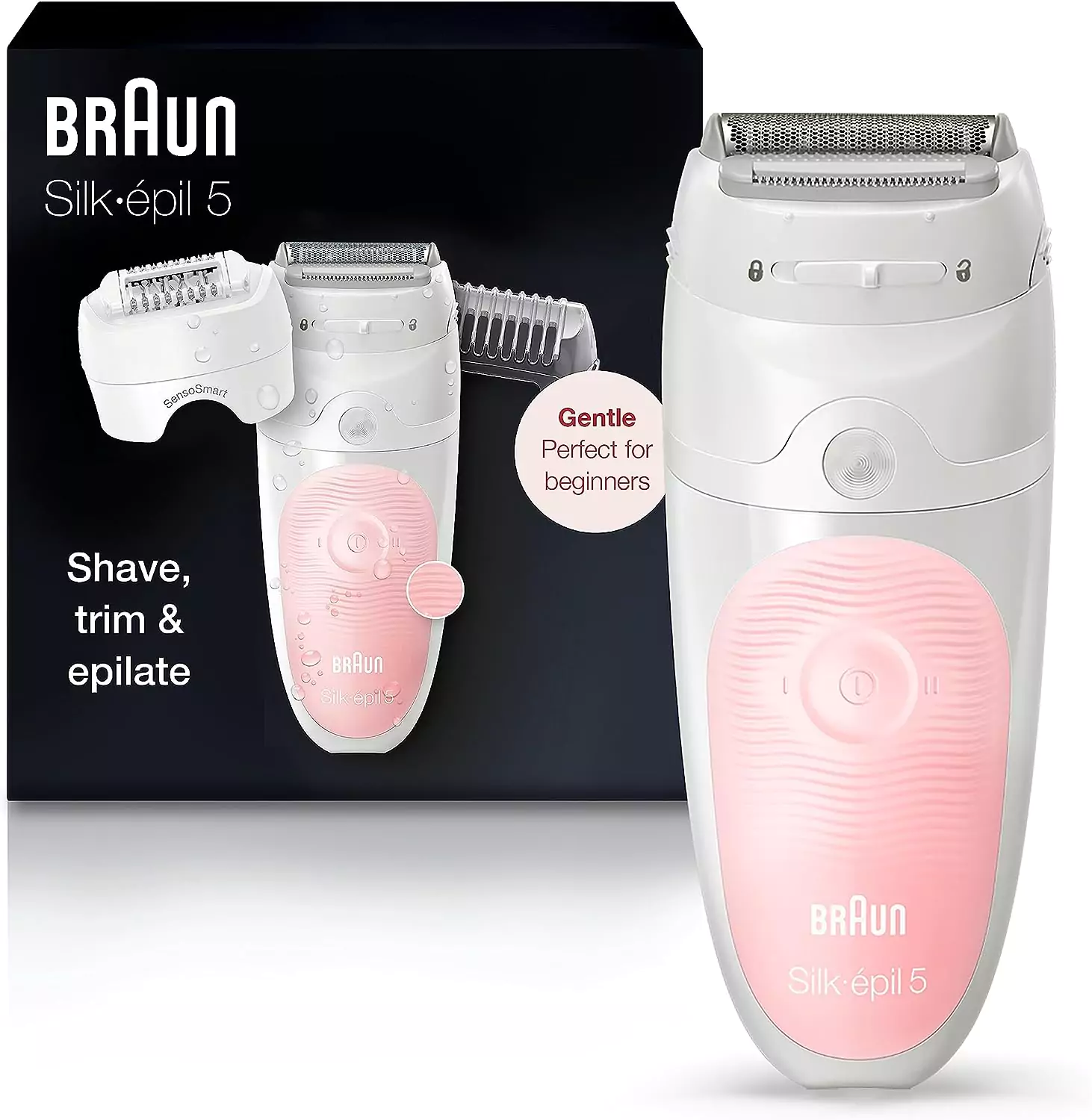 Braun Epilator for Women, Silk-epil 5, Wet and Dry, Shaver and Trimmer, Cordless, Rechargeable, SES 5-620 White/Pink