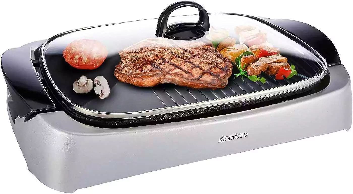 Kenwood Grill 2000W Contact Health Grill Large Family Sized Griddle with Glass Lid, Variable Temperature Control, Cool Touch Handles - Ideal for Steak, Chicken, Fish, HG266 Silver/Black,
