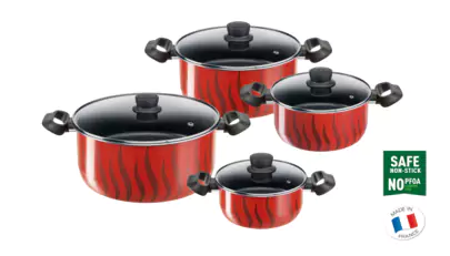 French Tefal Tempo Flame Set of 8 Pieces, Pot Size 18/22/26/30cm