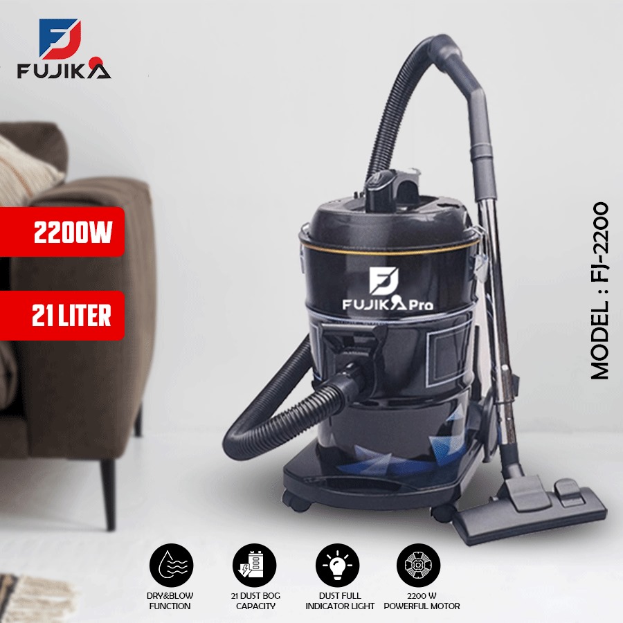 Fujika Barrel Vacuum Cleaner with Powerful Suction and Blowing Function, Rust-Resistant Metal Body, 21L 2200W (FJ-2200) Black/Blue